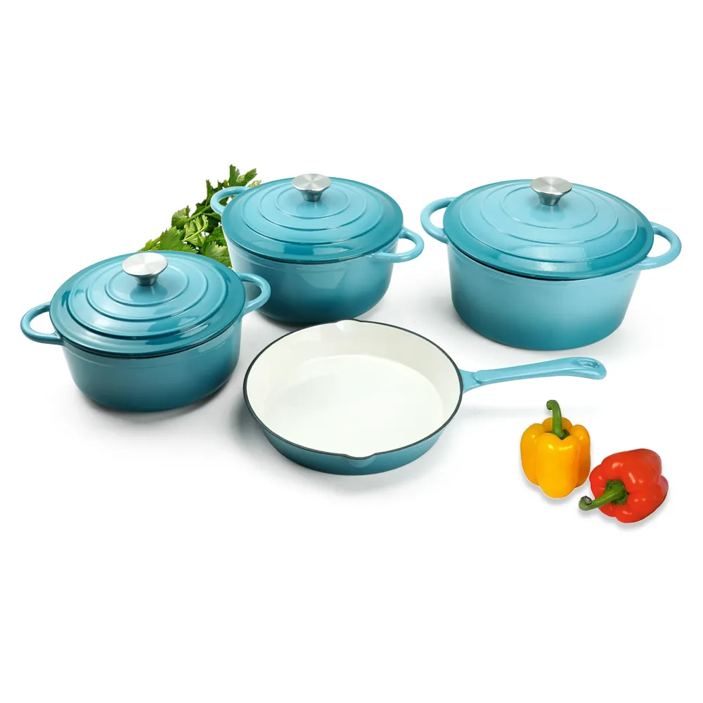 Enamel cast iron cookware set, 7 covered POTS, frying pan, stew pot, gradient blue, gradient red