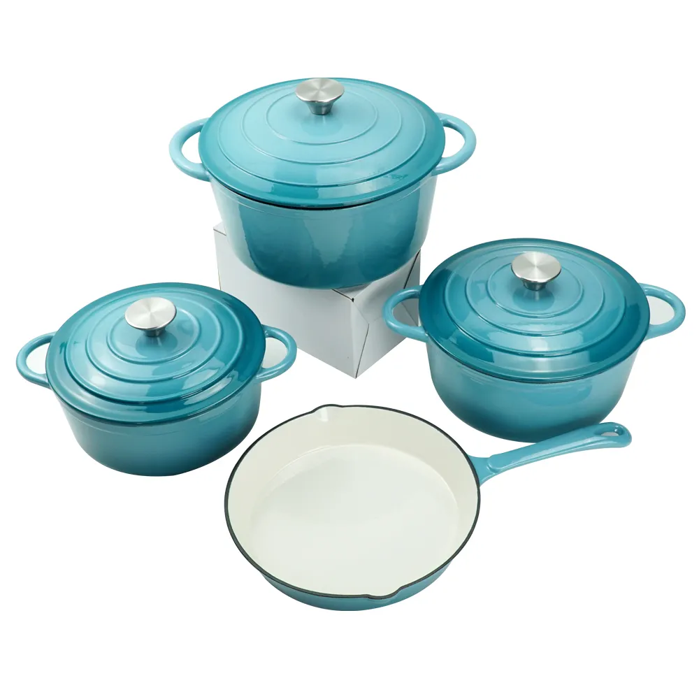 Enamel cast iron cookware set, 7 covered POTS, frying pan, stew pot, gradient blue, gradient red