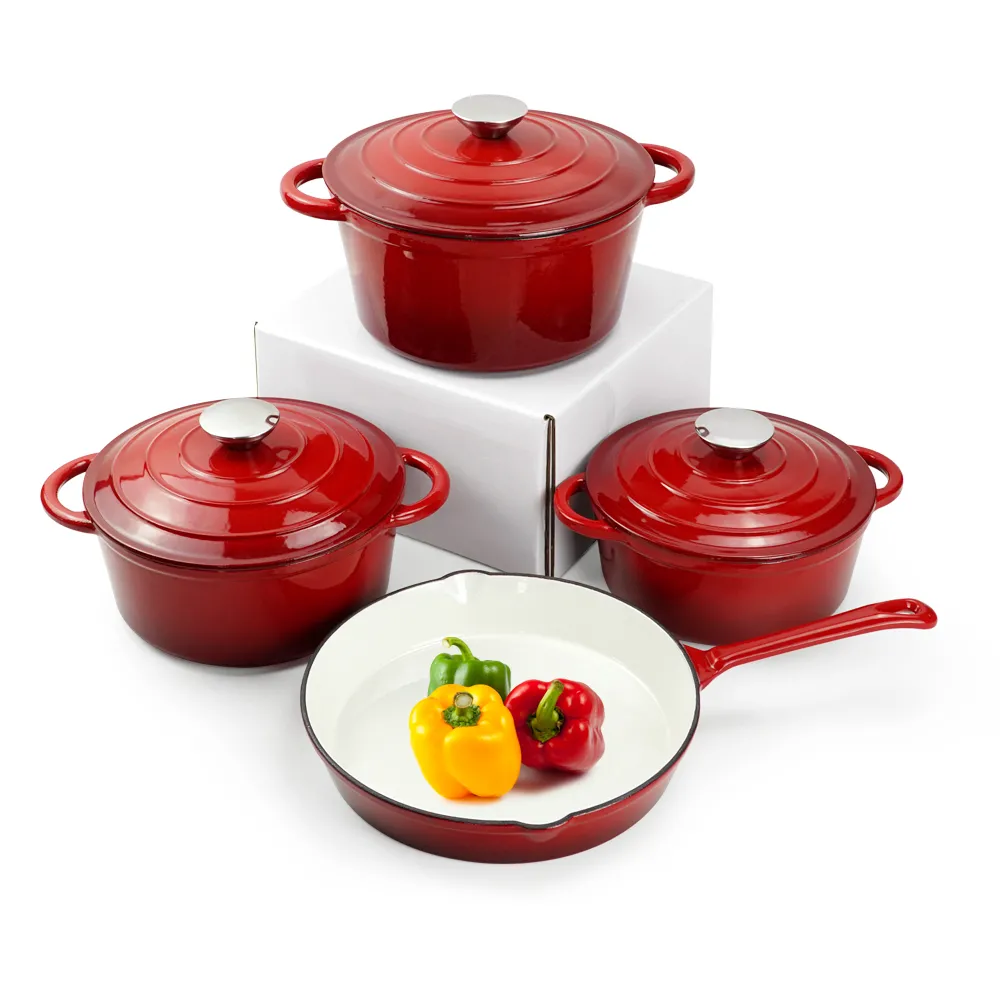 Enamel cast iron cookware set, 7 covered POTS, frying pan, stew pot, gradient blue, gradient red