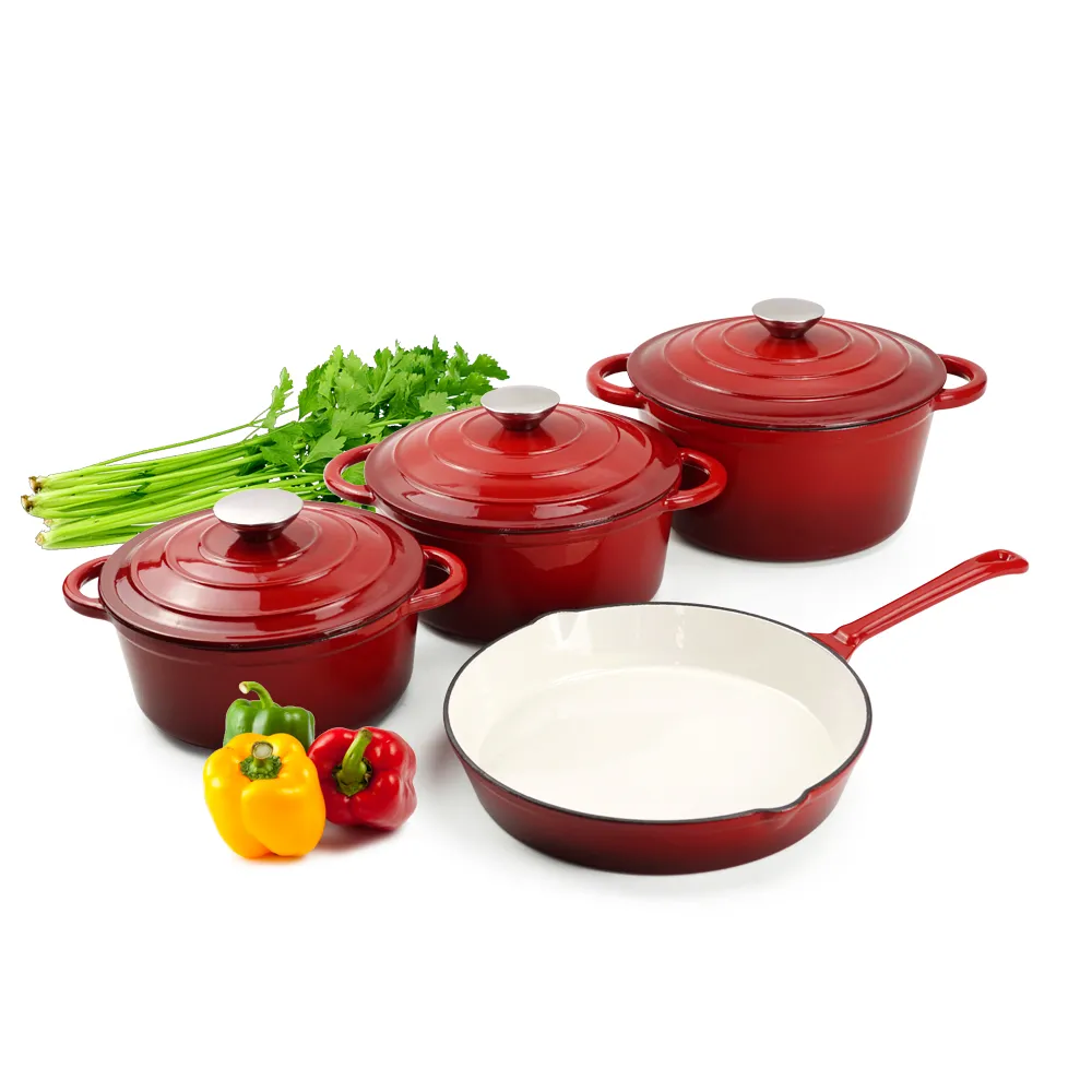 Enamel cast iron cookware set, 7 covered POTS, frying pan, stew pot, gradient blue, gradient red