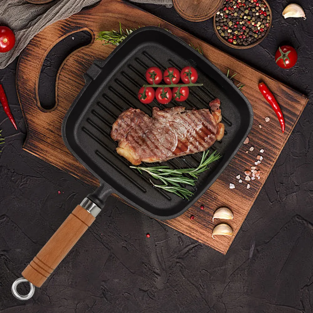 Cast iron square frying pan with transfer port, steak pan