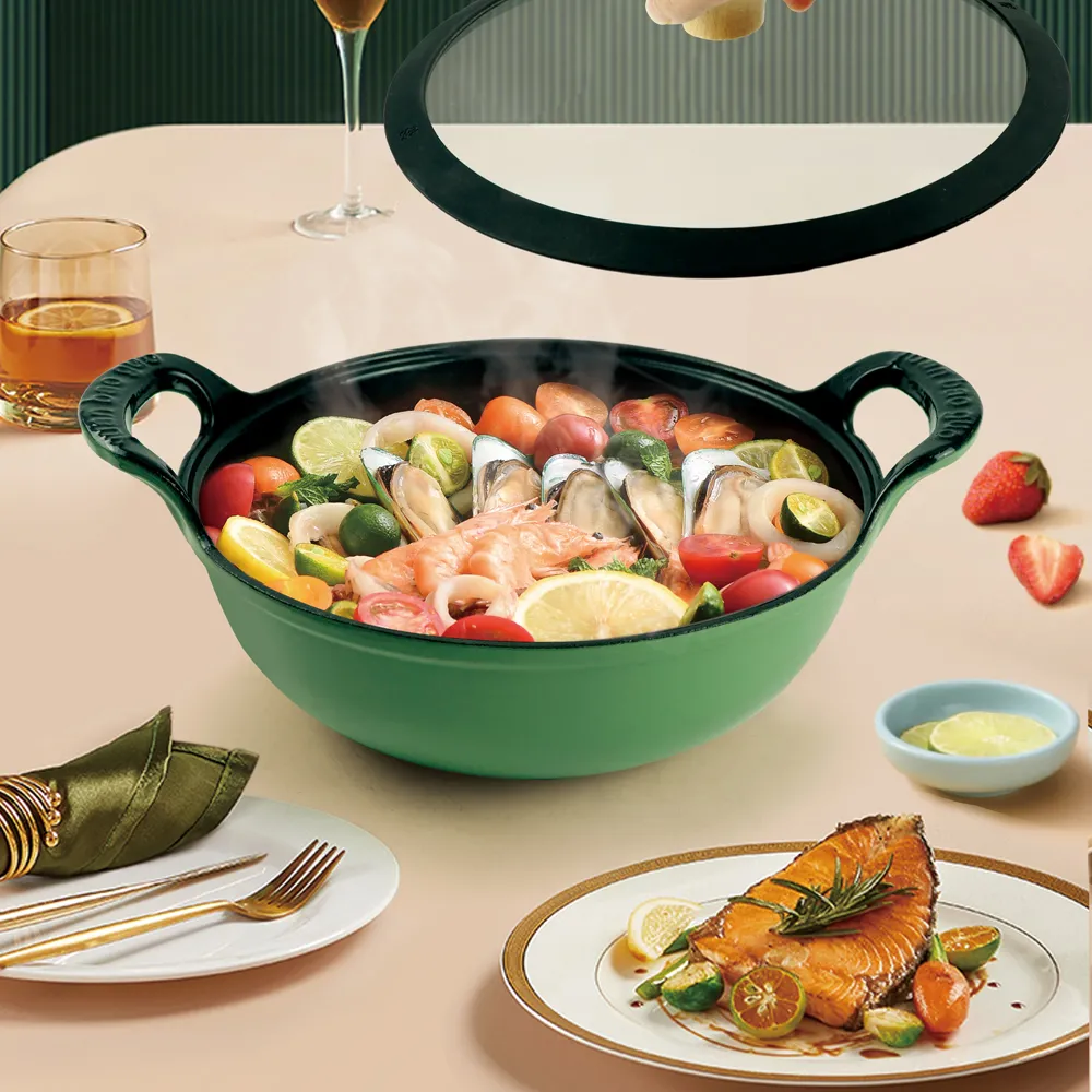 Enamel cast iron wok