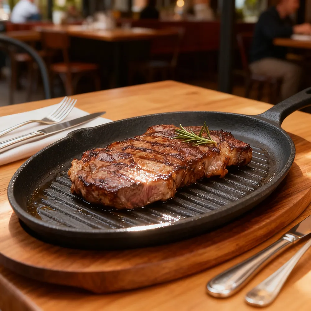 Fajita cast-iron frying pan with a wooden tray