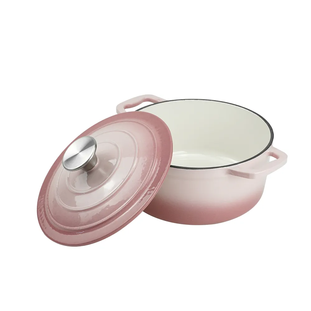 Enamel cast iron Dutch baking pan with lid for bread baking - pink