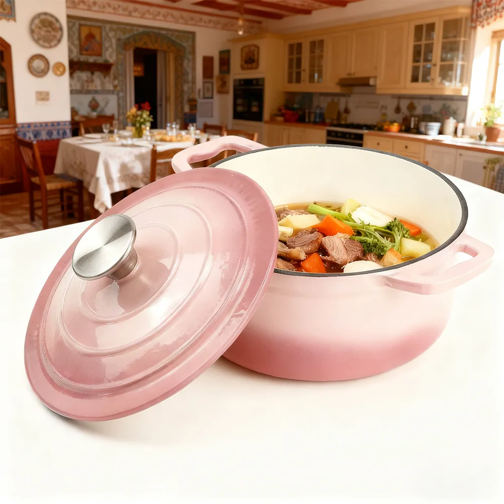 Enamel cast iron Dutch baking pan with lid for bread baking - pink