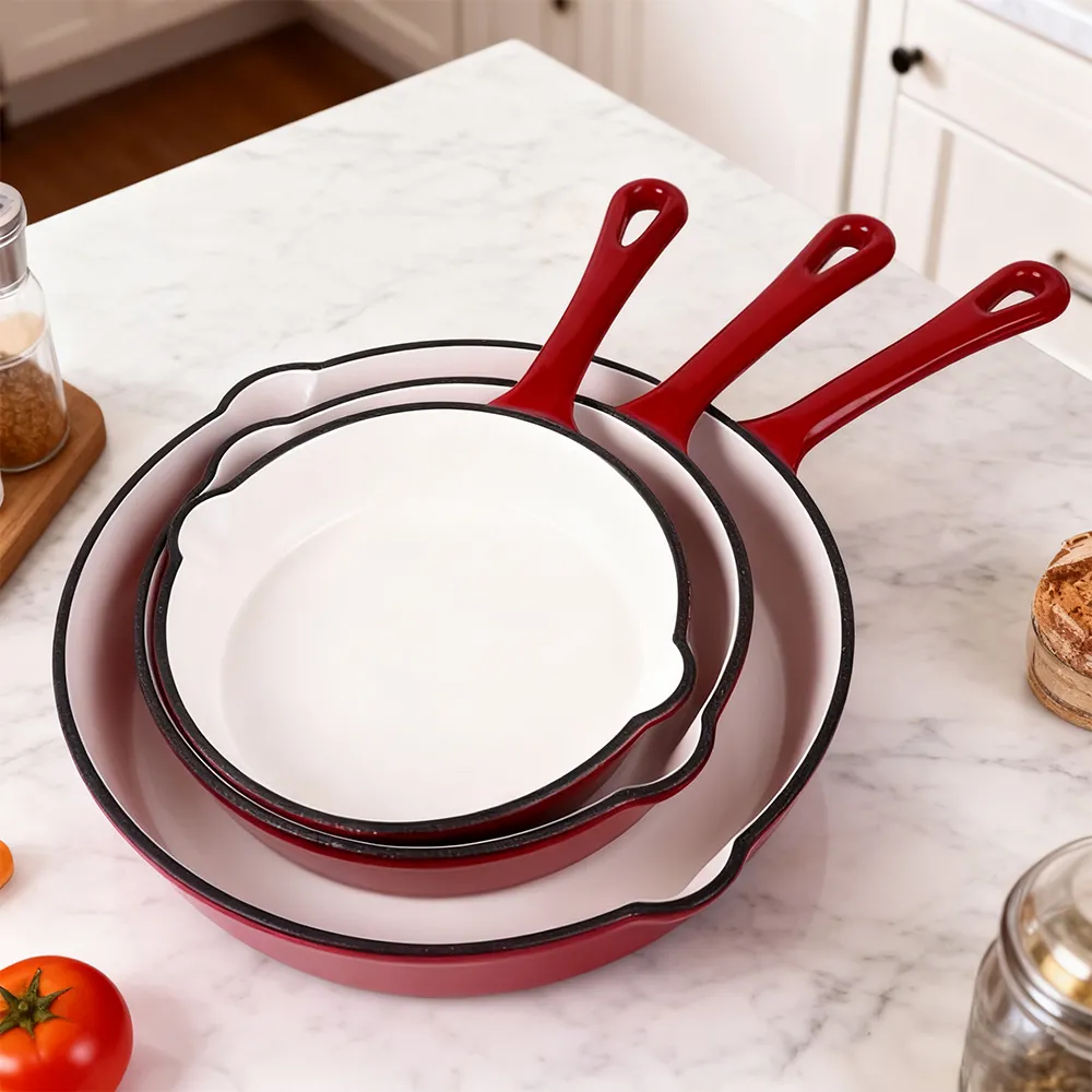 Non-stick enamel cast iron cookware - 3-pan set
