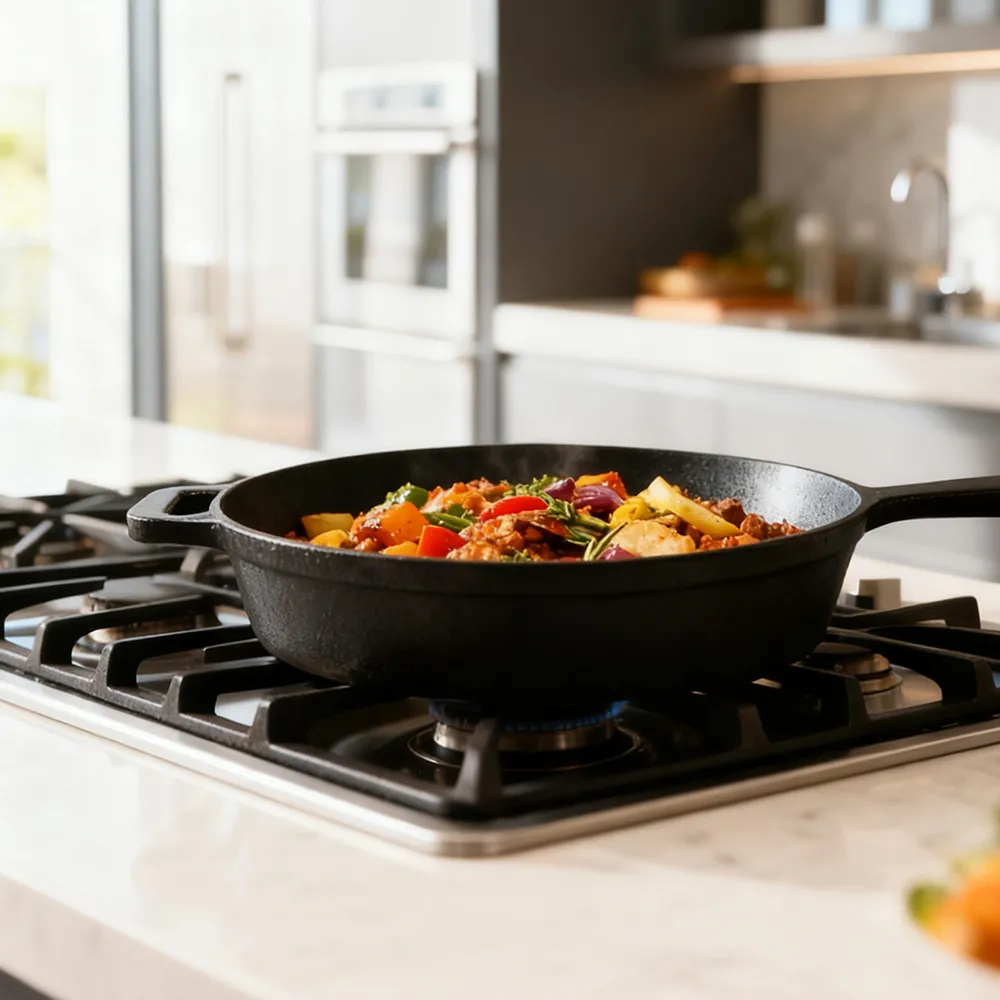 Cast iron frying pan with auxiliary handle, heat-resistant oven safe cookware - suitable for indoor/outdoor use