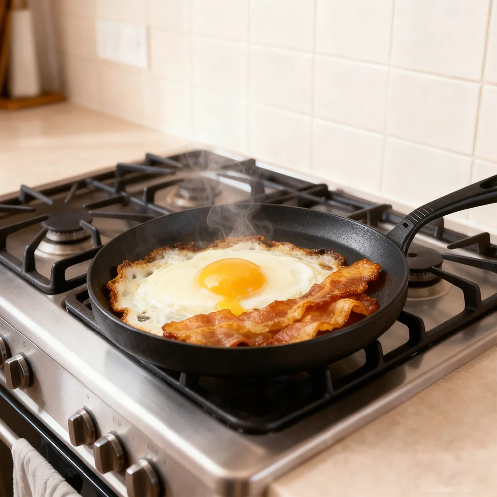Cast iron round baking tray, suitable for stoves, ovens, barbecue grills and bonfires.
