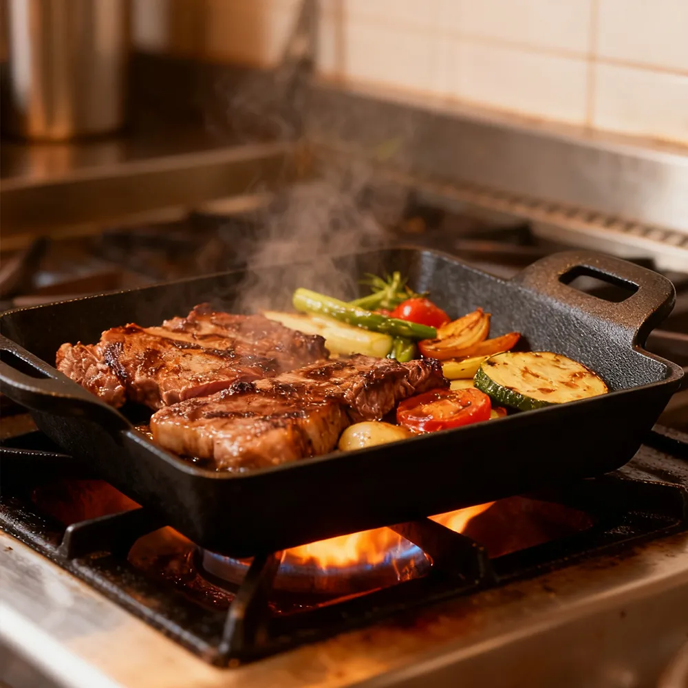 Mini square cast iron frying pan with double handles, suitable for indoor and outdoor picnics in the kitchen