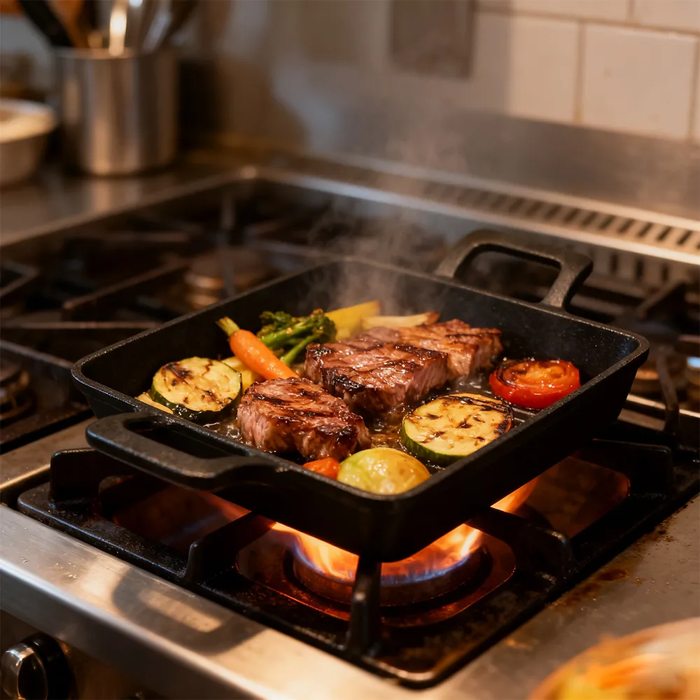 Cast iron mini frying pan with double ears, suitable for both indoor and outdoor use.