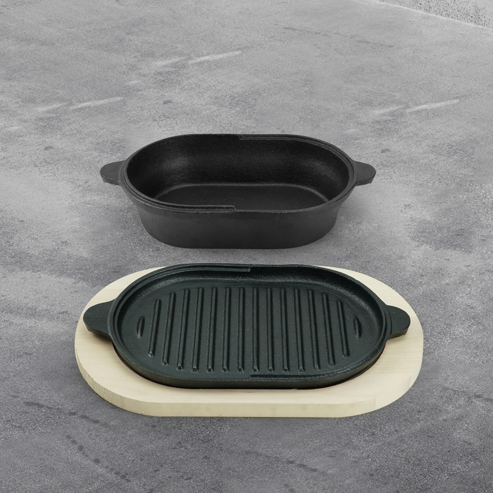 Cast iron bread baking tray set with lid 2-in-1 cast iron Dutch oven pot bread cooking pot with double handles and wooden board