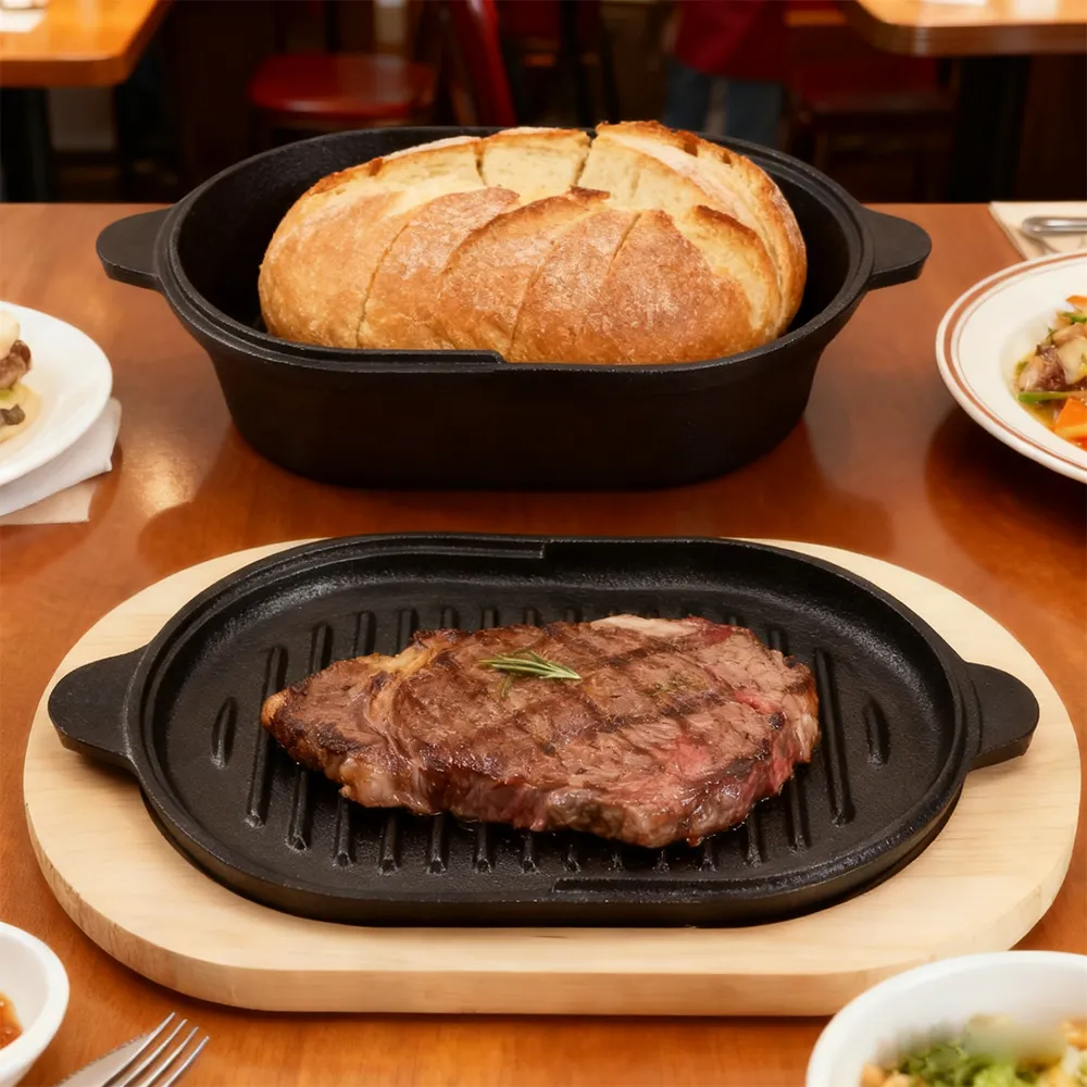 Cast iron bread baking tray set with lid 2-in-1 cast iron Dutch oven pot bread cooking pot with double handles and wooden board