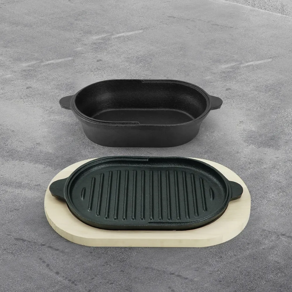 Cast iron bread baking tray set with lid 2-in-1 cast iron Dutch oven pot bread cooking pot with double handles and wooden board