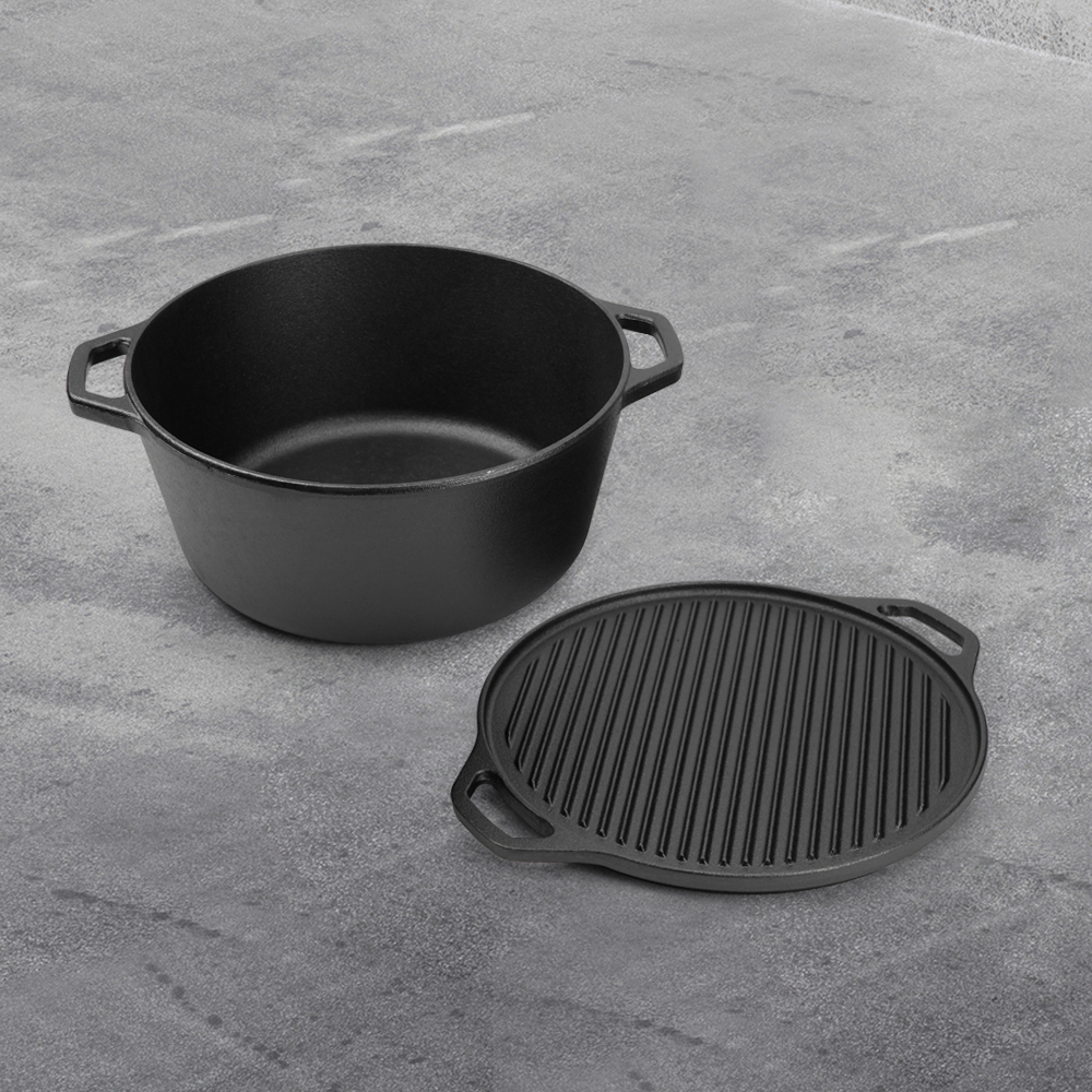 2-in-1 cast iron Dutch baking pan with frying pan lid, cookware pot set with double handles, suitable for bread, frying, baking and camping