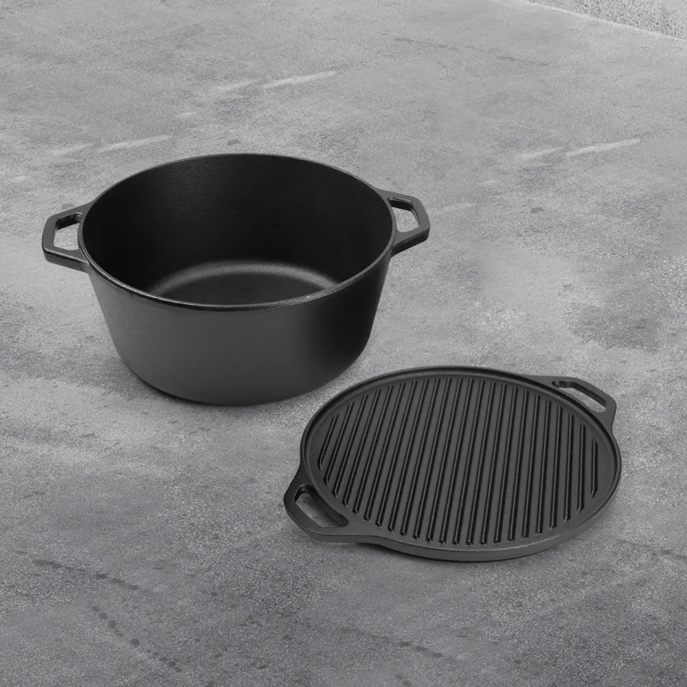 2-in-1 cast iron Dutch baking pan with frying pan lid, cookware pot set with double handles, suitable for bread, frying, baking and camping