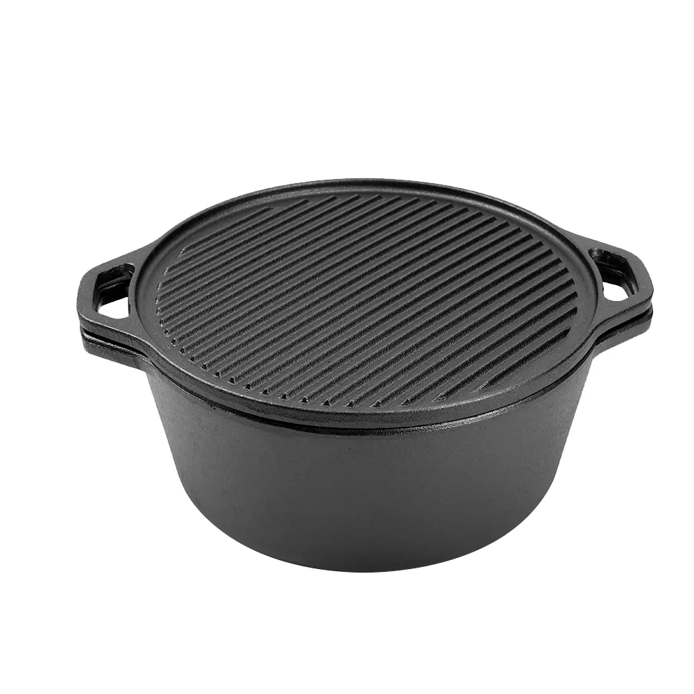 2-in-1 cast iron Dutch baking pan with frying pan lid, cookware pot set with double handles, suitable for bread, frying, baking and camping