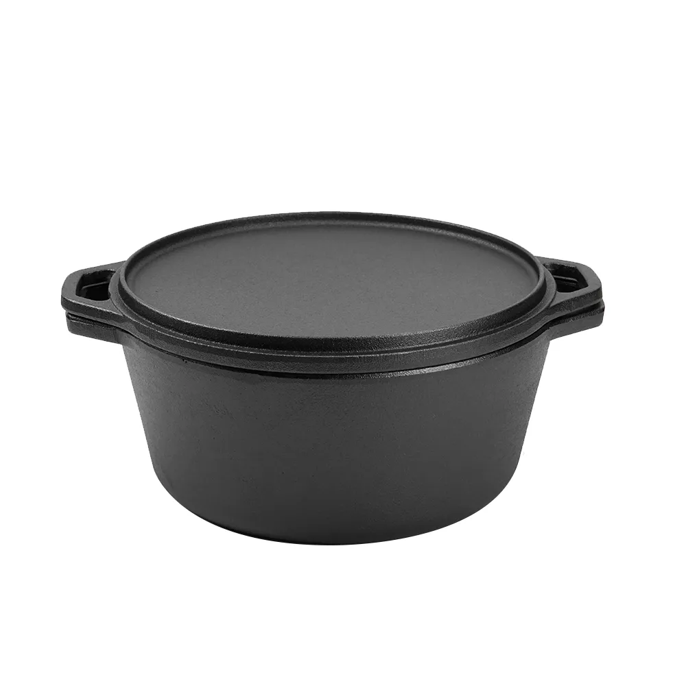 2-in-1 cast iron Dutch baking pan with frying pan lid, cookware pot set with double handles, suitable for bread, frying, baking and camping