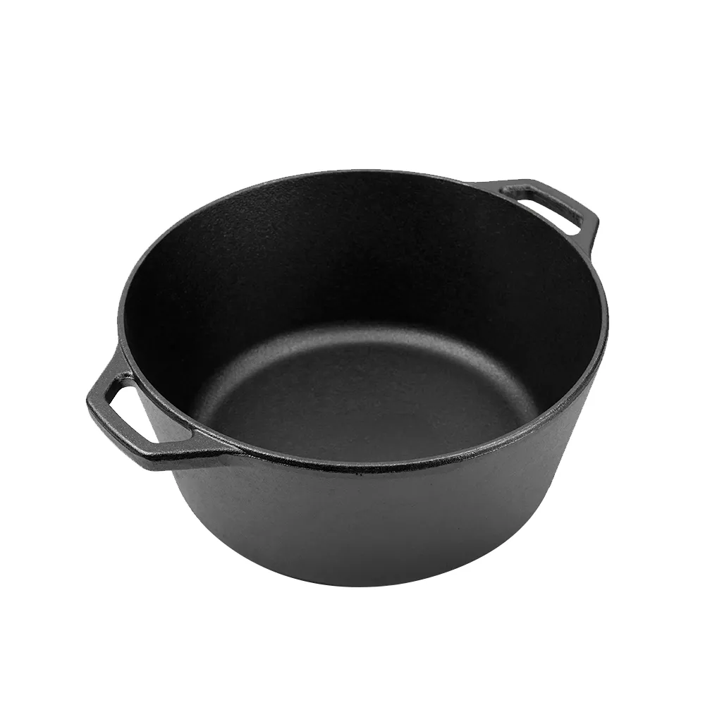 2-in-1 cast iron Dutch baking pan with frying pan lid, cookware pot set with double handles, suitable for bread, frying, baking and camping