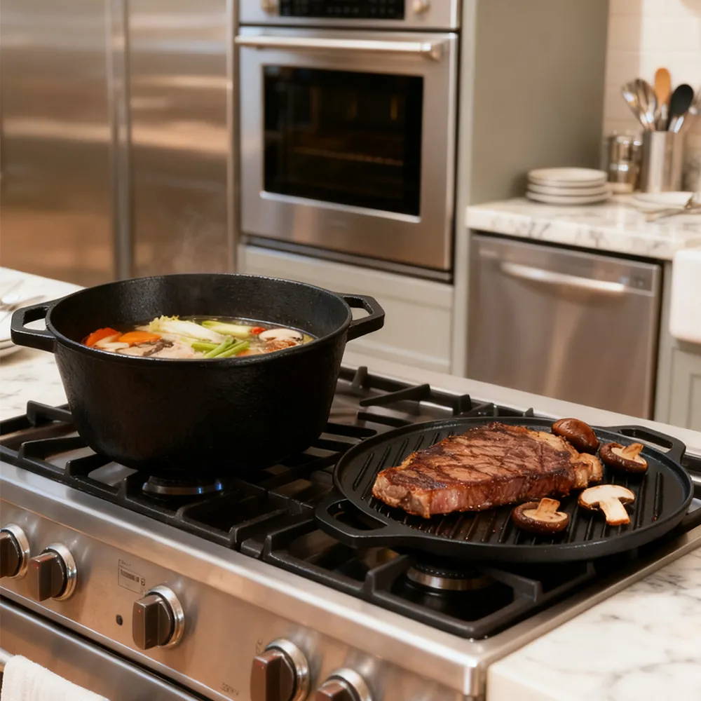 2-in-1 cast iron Dutch baking pan with frying pan lid, cookware pot set with double handles, suitable for bread, frying, baking and camping