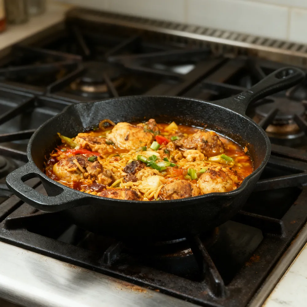 Cast iron frying pan with auxiliary handle and backflow port, suitable for frying, deep-frying and baking pies and fruit pies