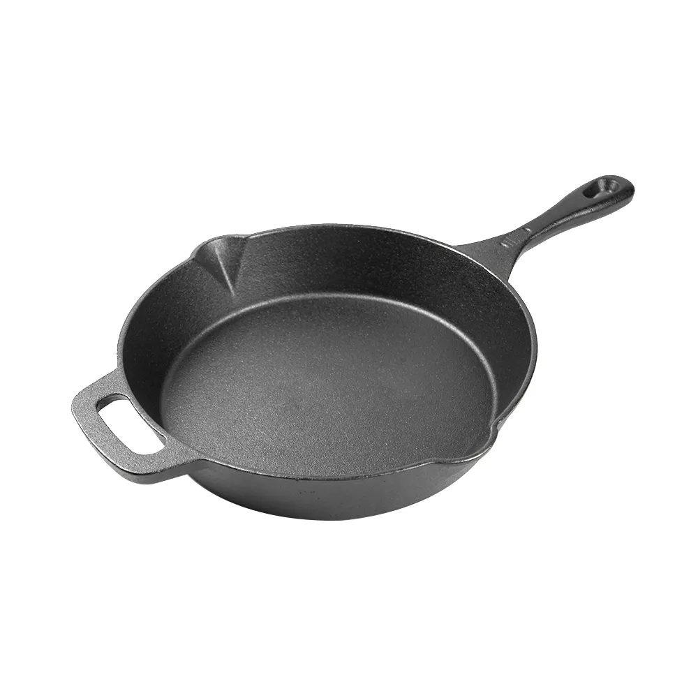 Cast iron frying pan with auxiliary handle and backflow port, suitable for frying, deep-frying and baking pies and fruit pies