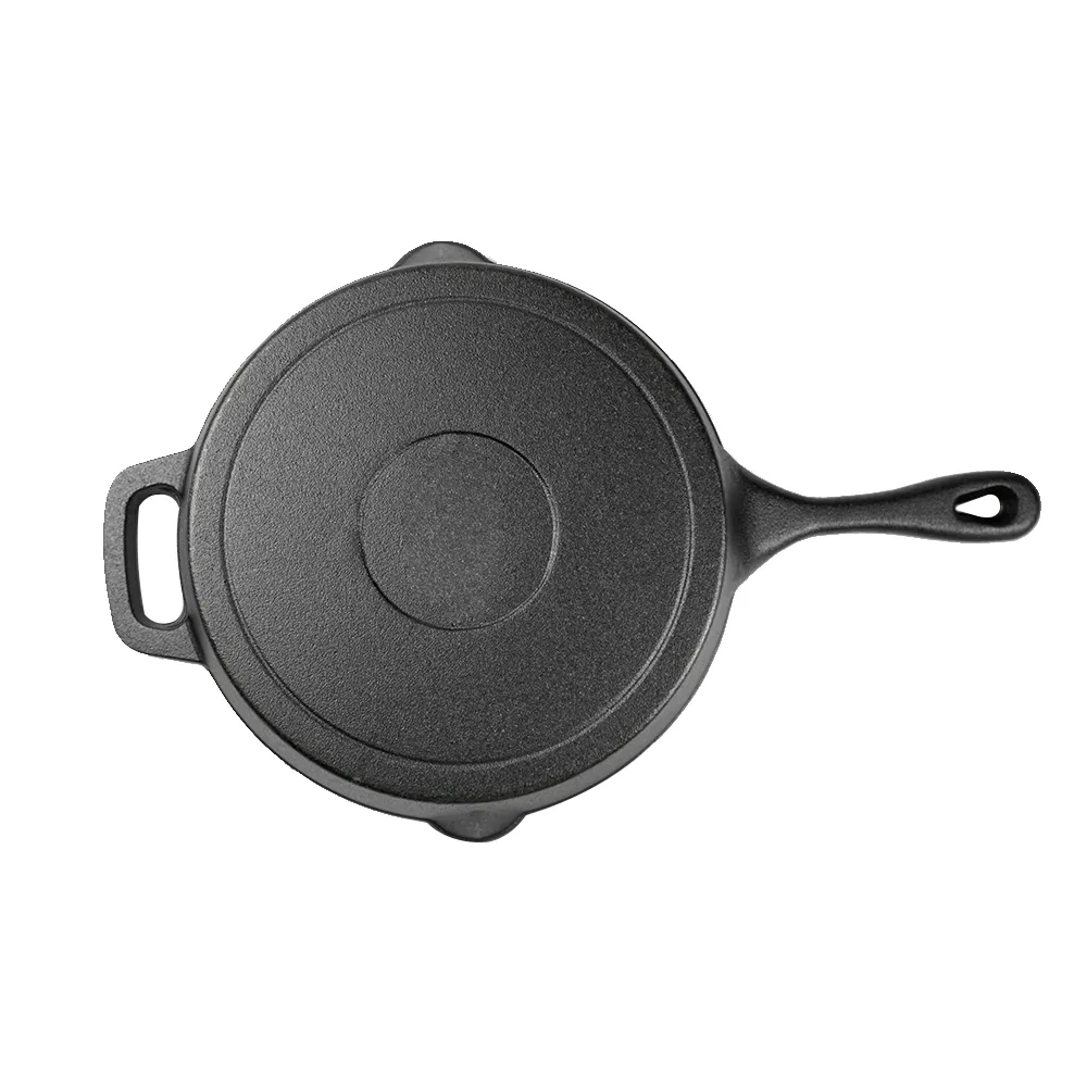 Cast iron frying pan with auxiliary handle and backflow port, suitable for frying, deep-frying and baking pies and fruit pies