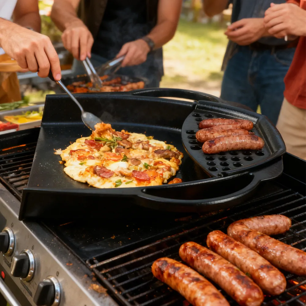 A wide enamel cast iron baking tray