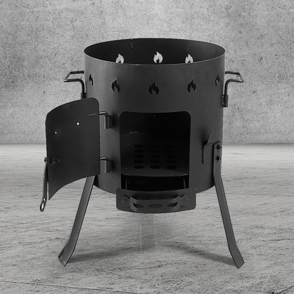 Cast iron camping wood-burning stove, black in color, suitable for outdoor cooking
