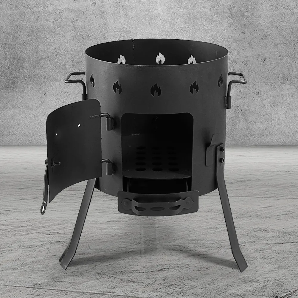 Cast iron camping wood-burning stove, black in color, suitable for outdoor cooking