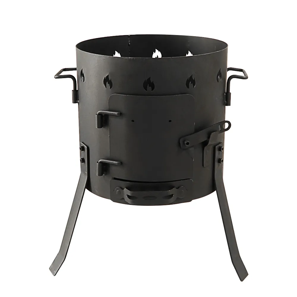 Cast iron camping wood-burning stove, black in color, suitable for outdoor cooking