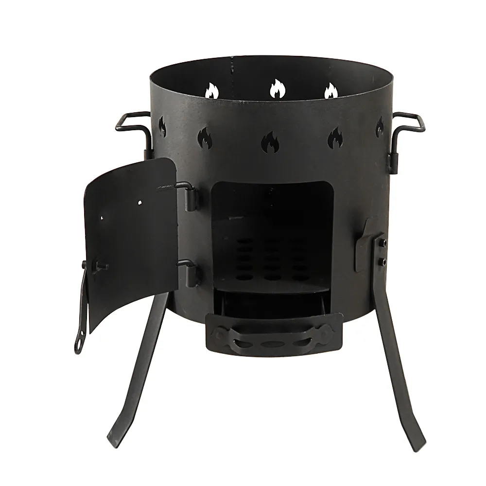 Cast iron camping wood-burning stove, black in color, suitable for outdoor cooking