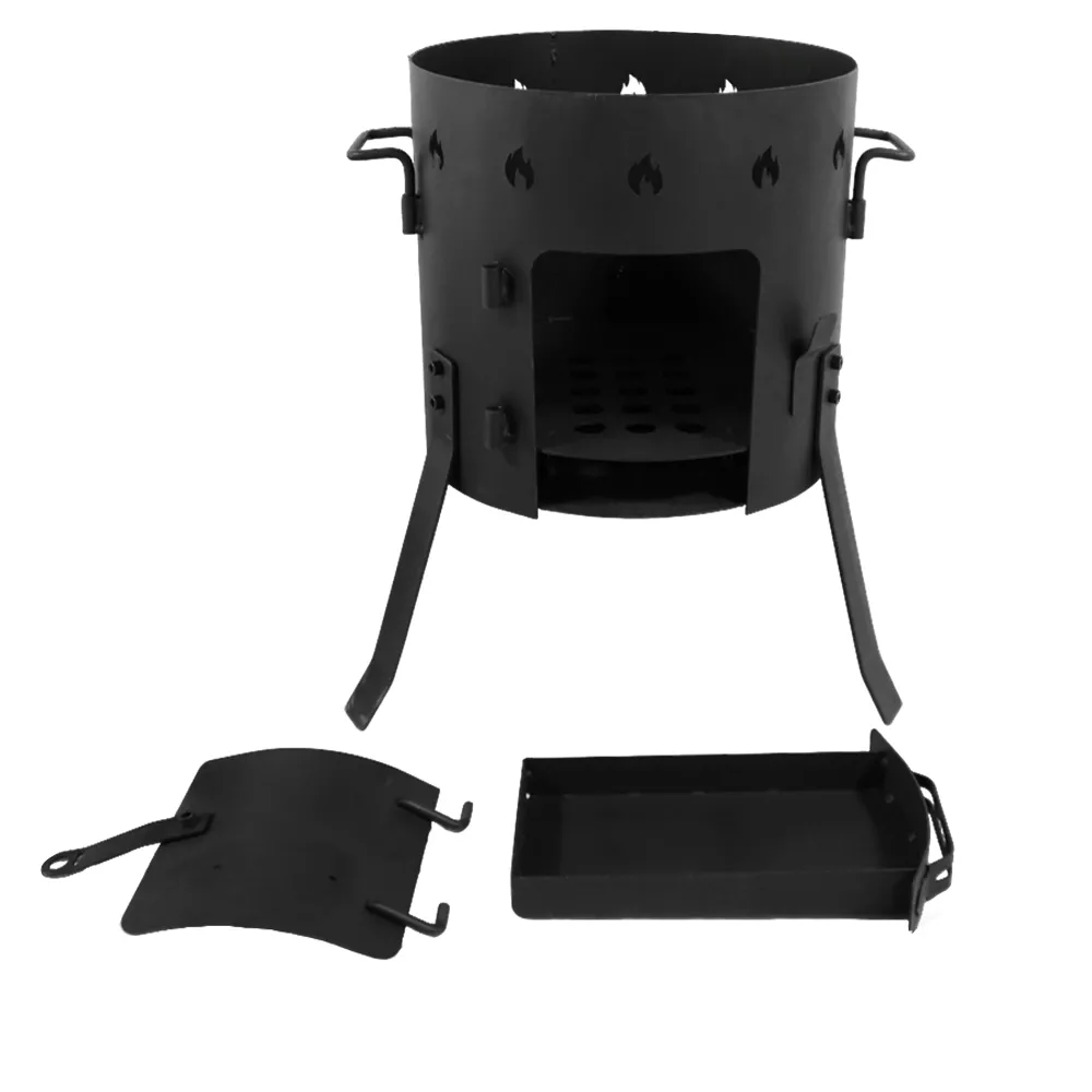 Cast iron camping wood-burning stove, black in color, suitable for outdoor cooking
