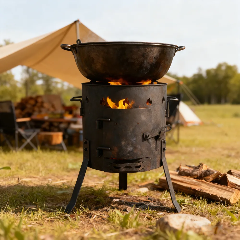Cast iron camping wood-burning stove, black in color, suitable for outdoor cooking