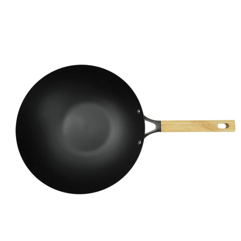 Classic nitrided cast iron deep frying pan, comfortable wooden handle