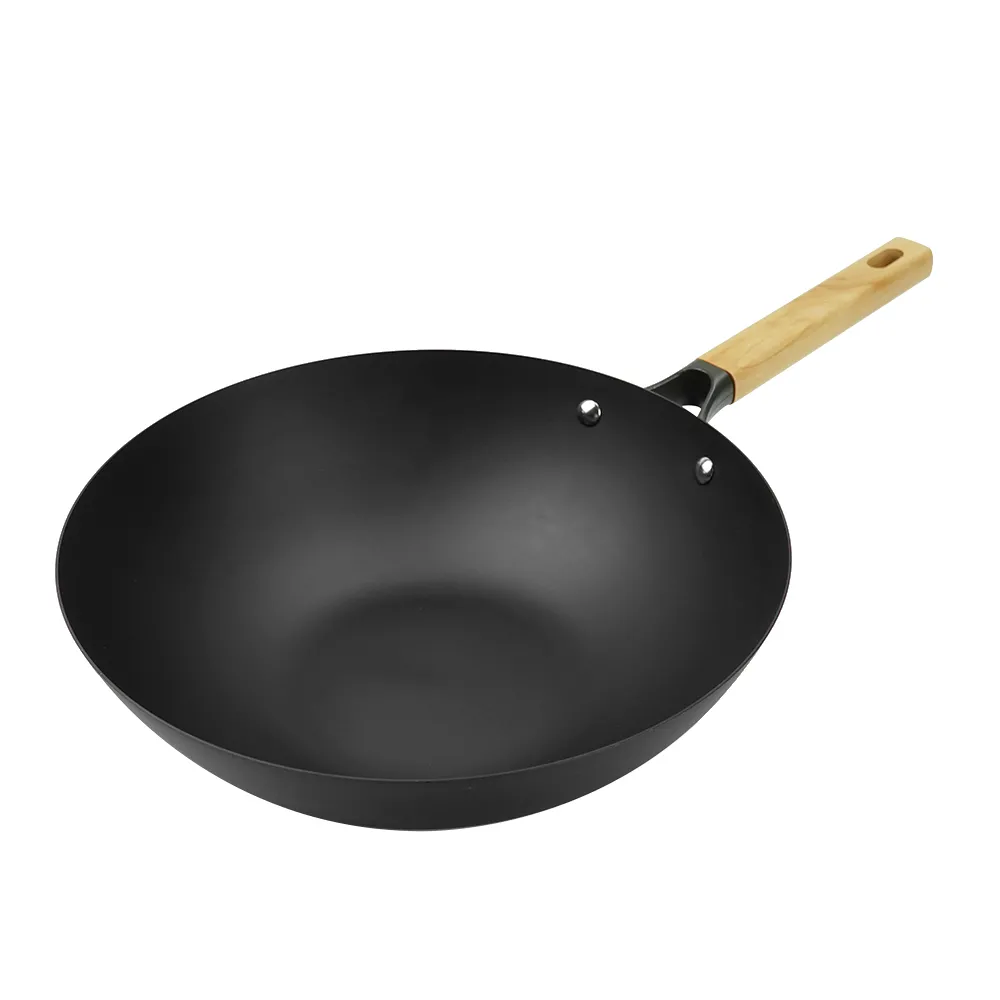 Classic nitrided cast iron deep frying pan, comfortable wooden handle