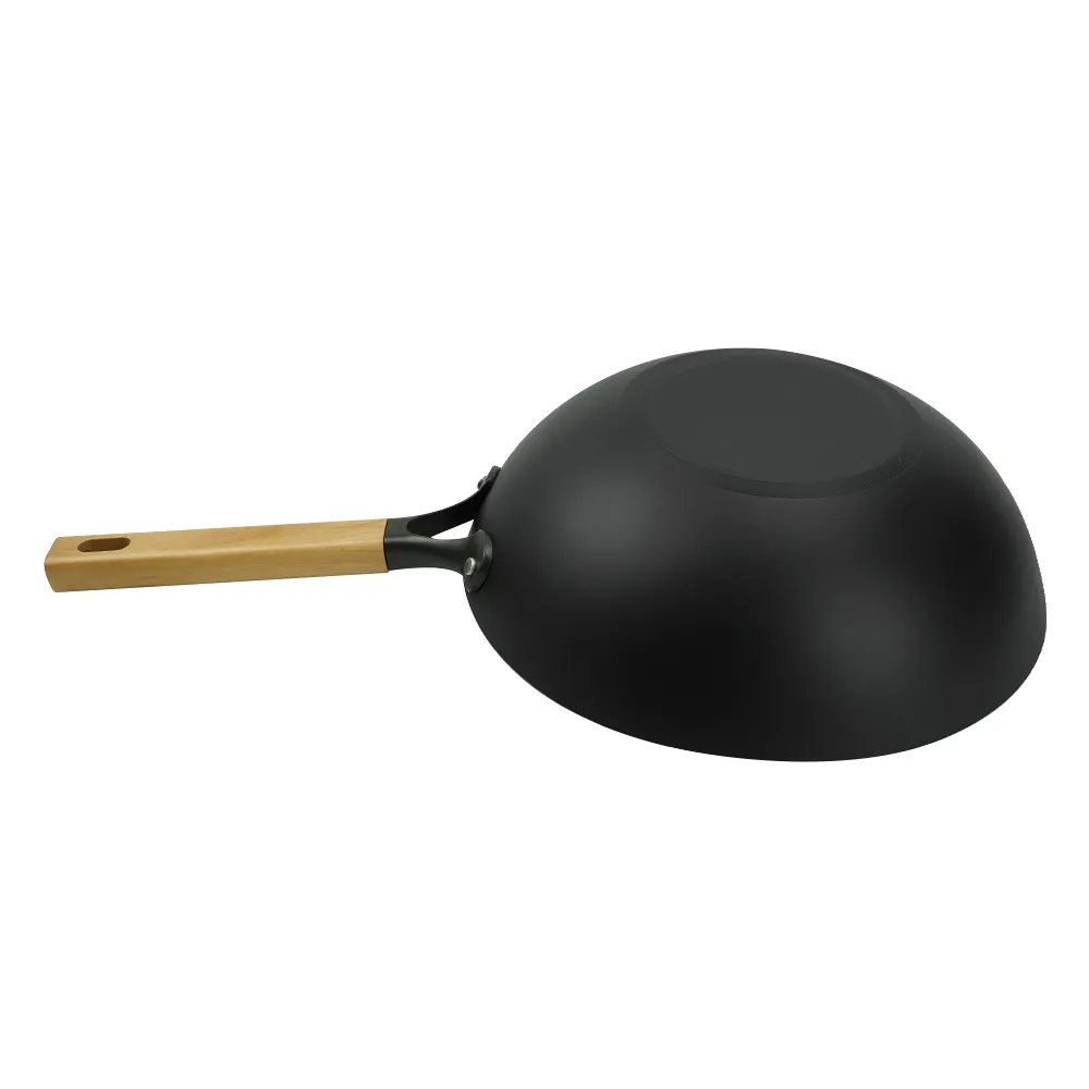 Classic nitrided cast iron deep frying pan, comfortable wooden handle