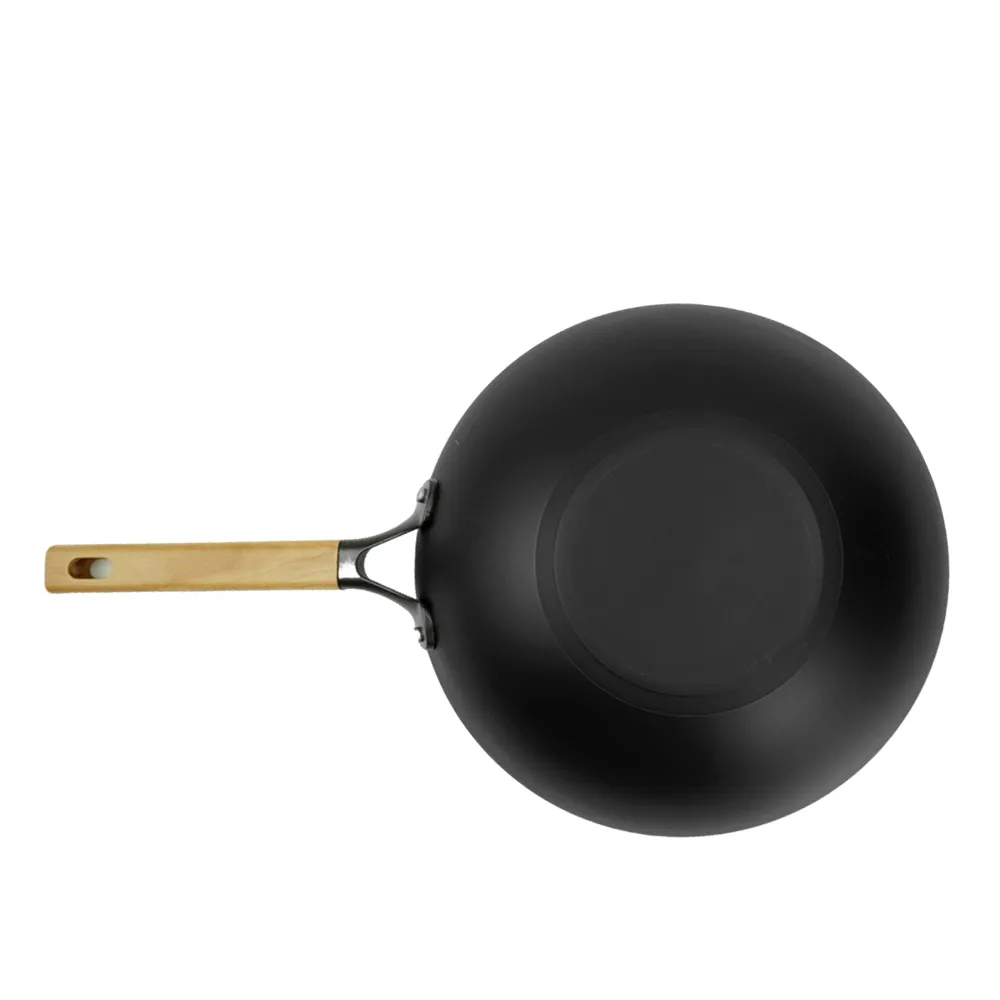Classic nitrided cast iron deep frying pan, comfortable wooden handle