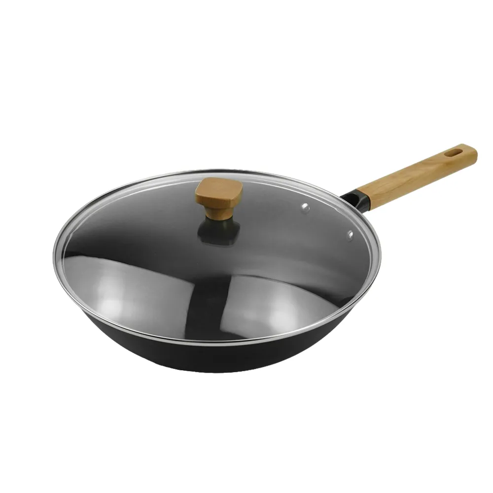 Classic nitrided cast iron deep frying pan, comfortable wooden handle