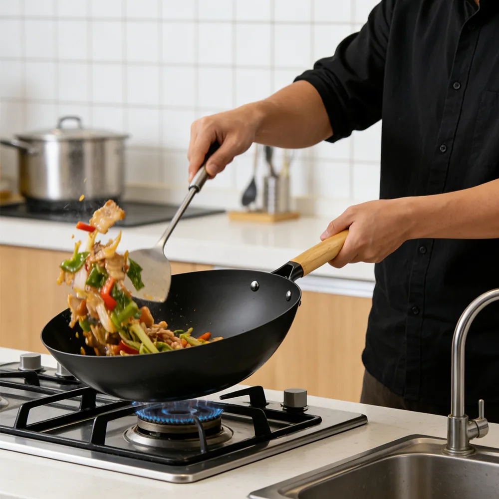 Classic nitrided cast iron deep frying pan, comfortable wooden handle