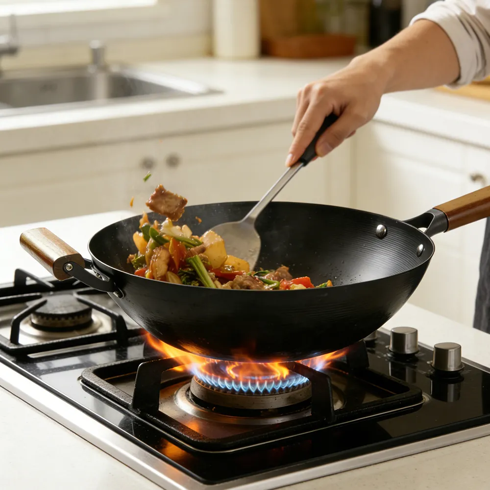 Nitrided cast iron wok with auxiliary handle