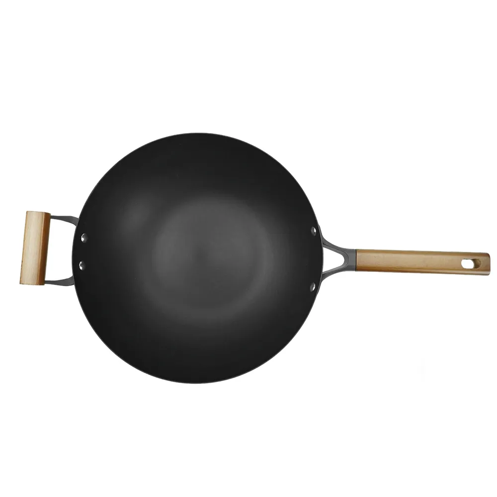 Nitrided cast iron wok with auxiliary handle
