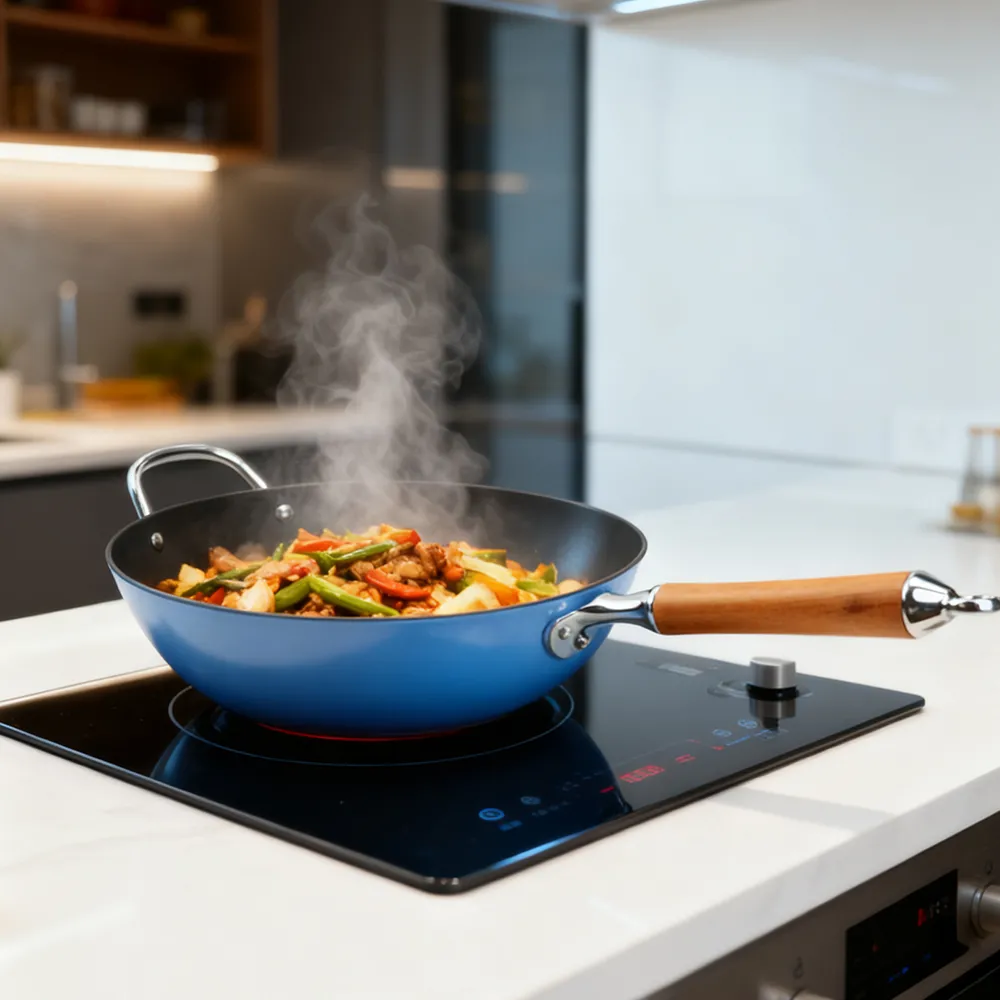 Titanium-reinforced non-stick cast iron enamel wok with wooden handle - blue