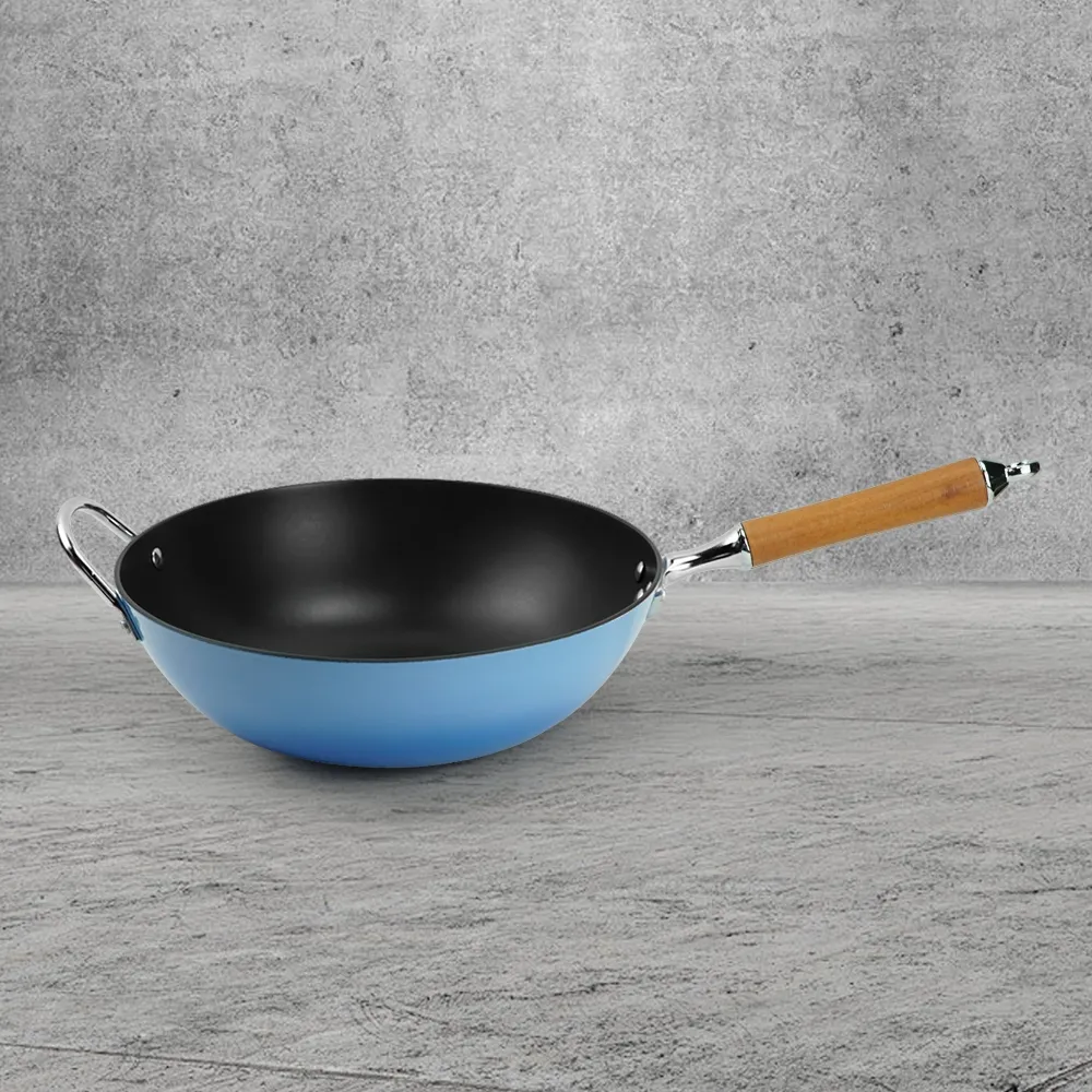Titanium-reinforced non-stick cast iron enamel wok with wooden handle - blue