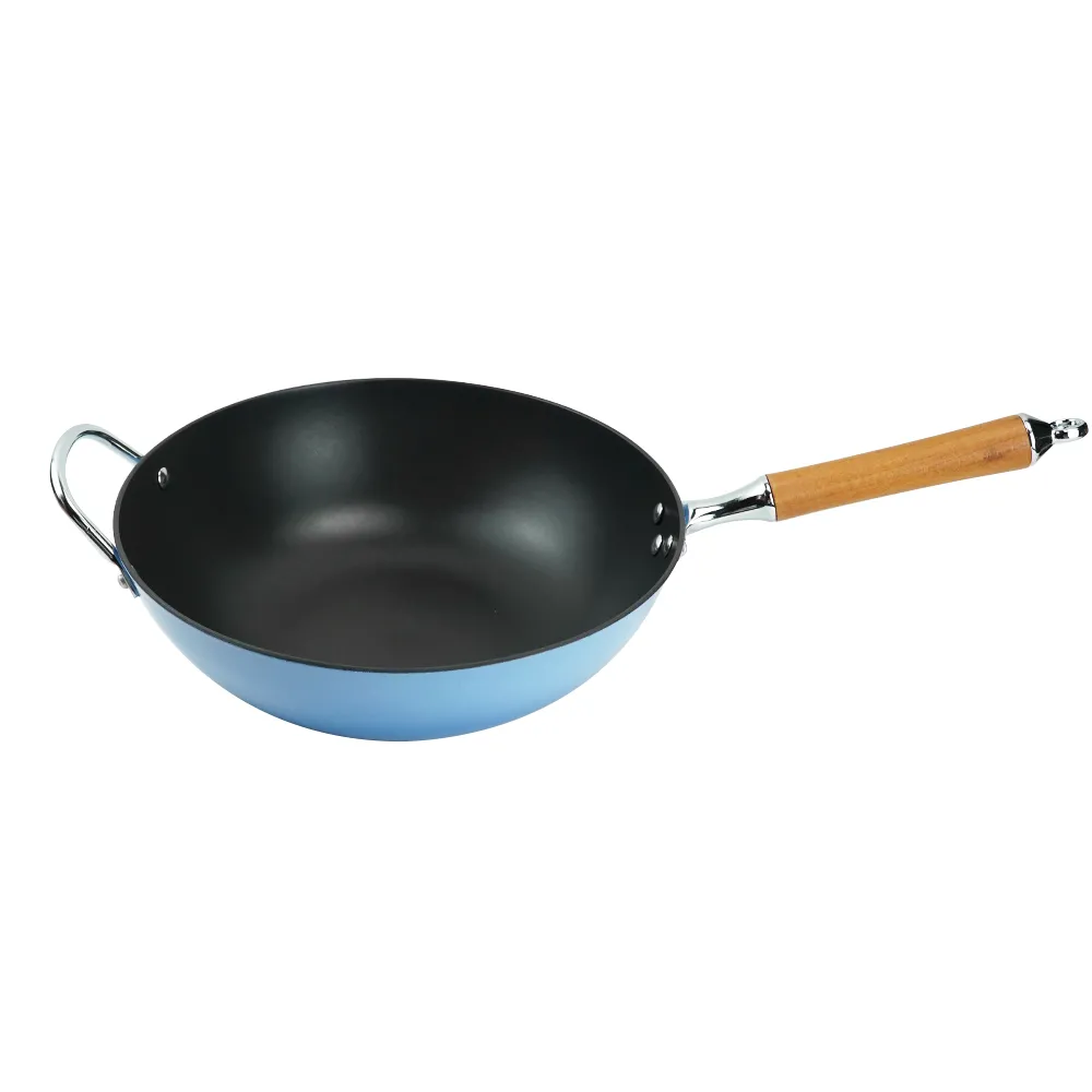 Titanium-reinforced non-stick cast iron enamel wok with wooden handle - blue