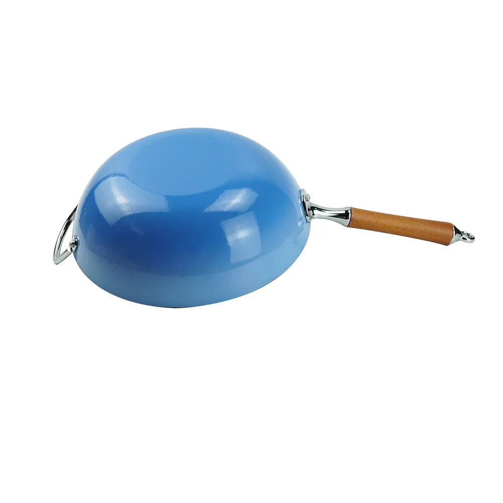 Titanium-reinforced non-stick cast iron enamel wok with wooden handle - blue