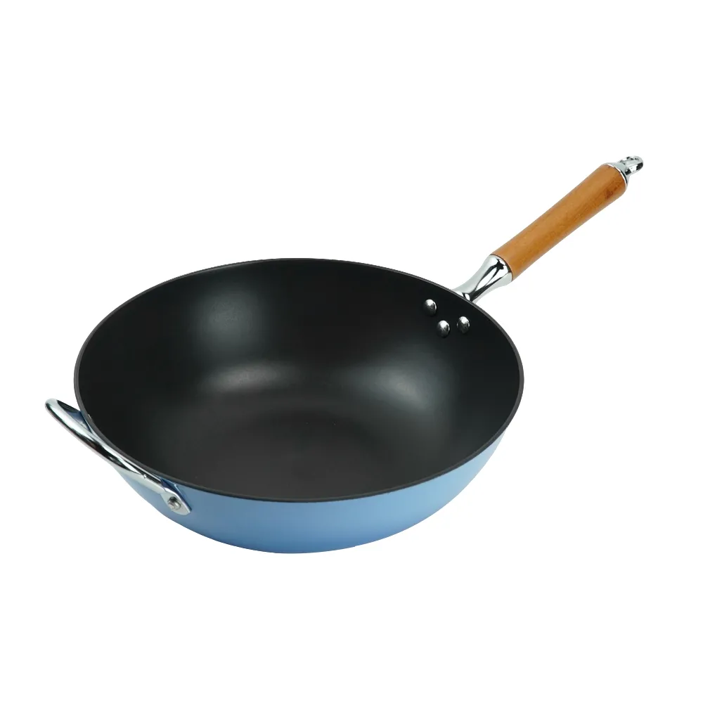 Titanium-reinforced non-stick cast iron enamel wok with wooden handle - blue