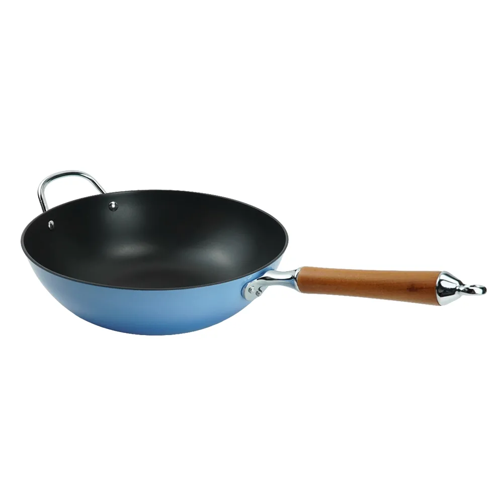 Titanium-reinforced non-stick cast iron enamel wok with wooden handle - blue