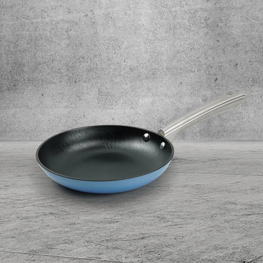 Colored enamel cast iron frying pan with stainless steel handle - blue