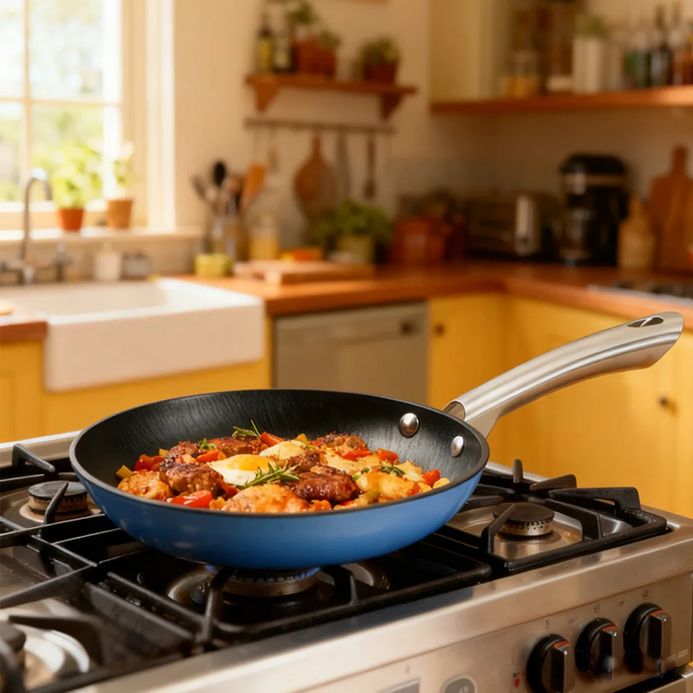 Colored enamel cast iron frying pan with stainless steel handle - blue