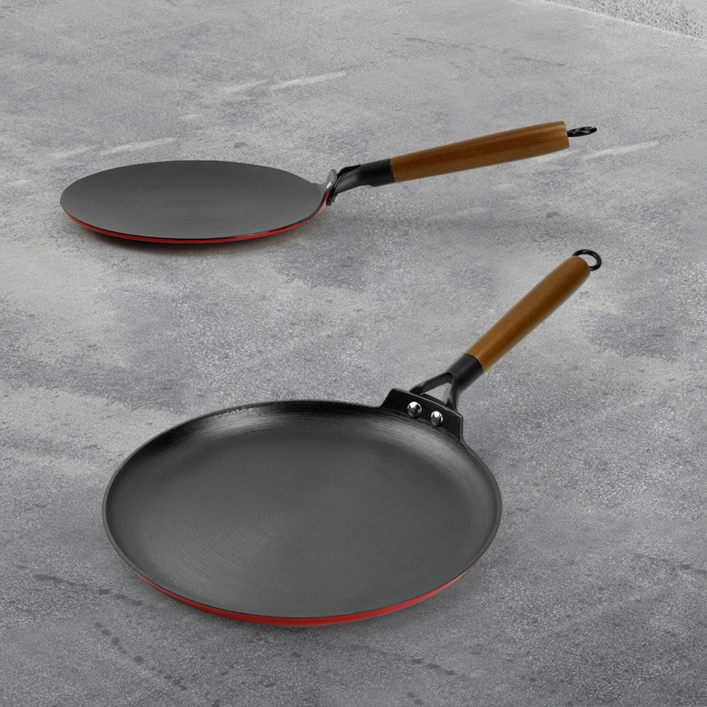 Lightweight enamel cast iron frying pan - with durable wooden handle - red